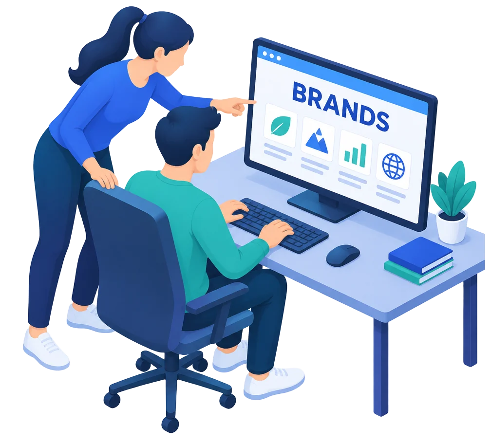 Two people at a desk reviewing brands on a computer screen