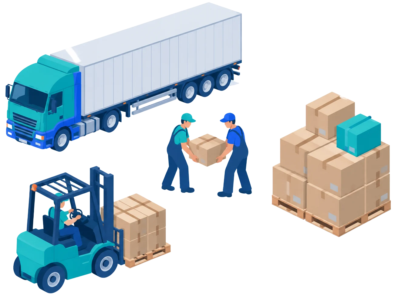 Trailer truck, two workers carrying a box, a forklift and pallets of stock