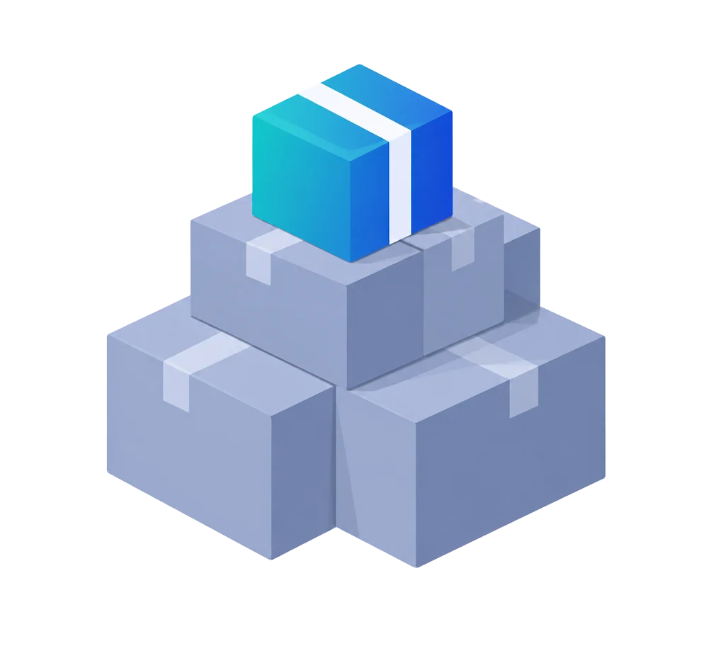 Stack of boxes with a teal and blue accent box on top